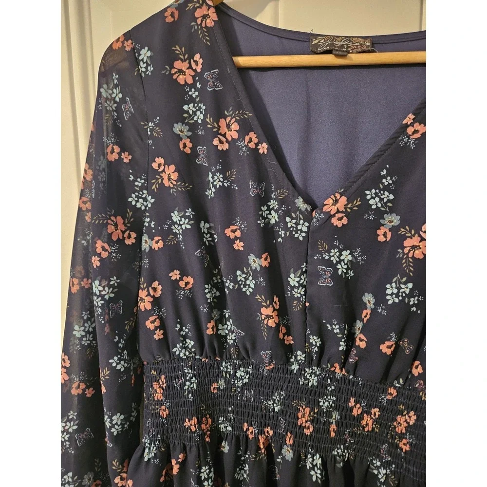 J Glee XL Floral Dress Navy Blue Smocked Waist Tiered‎ Long Sleeve Mini Dress